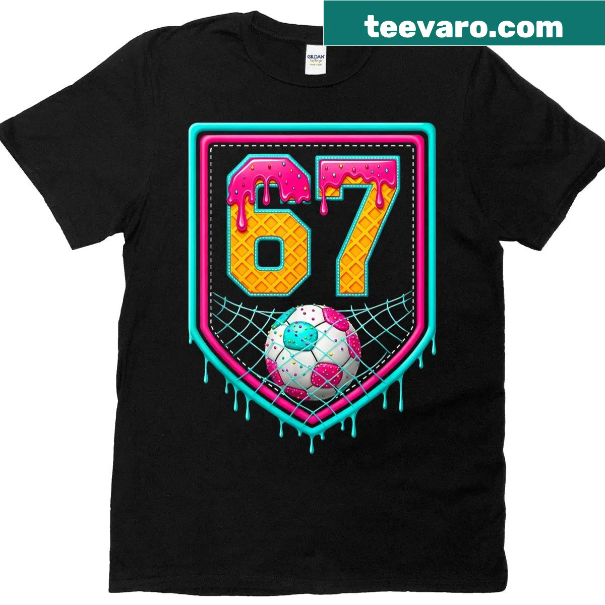 Soccer player T-shirt featuring number 67 drip design — on a men's t-shirt