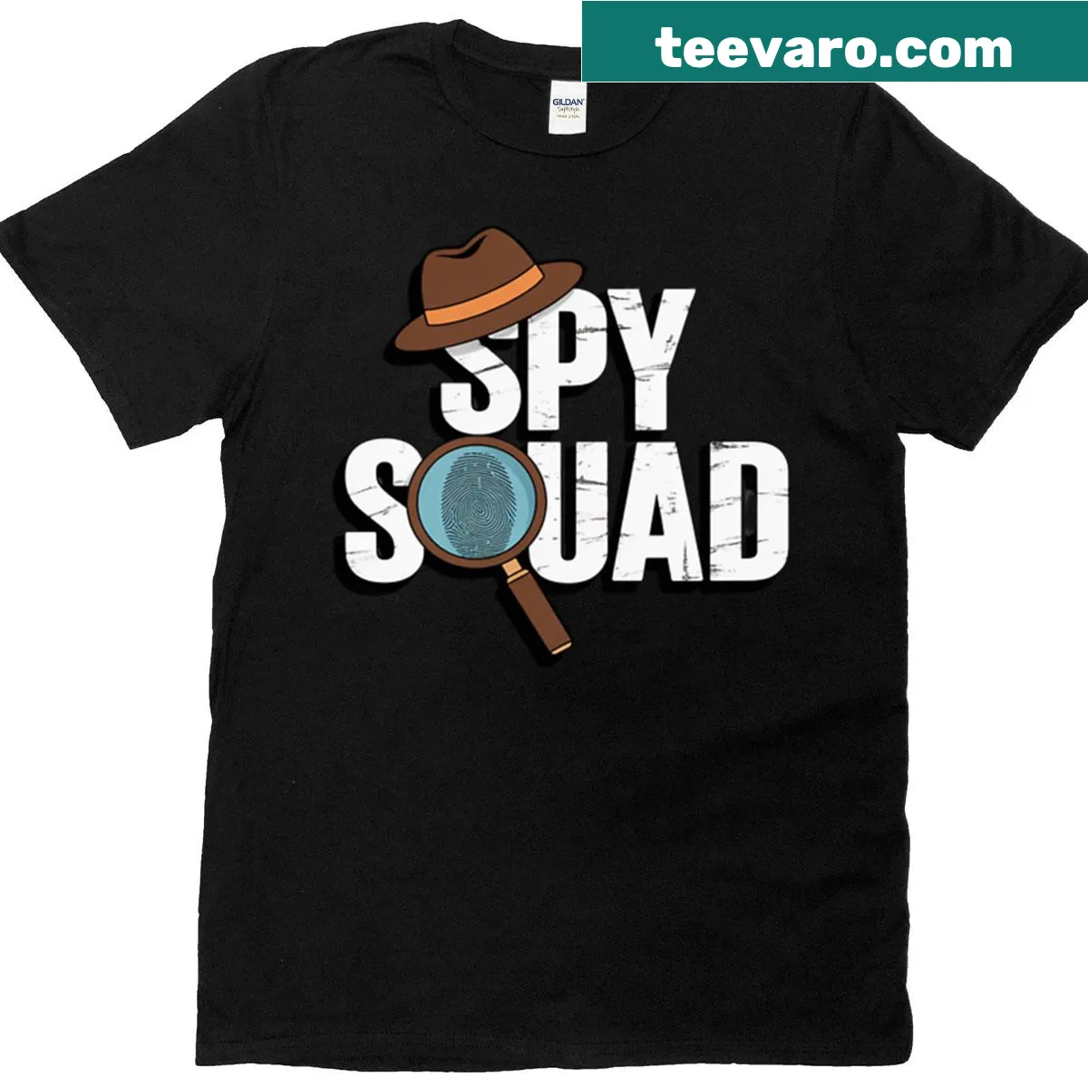 Spy Squad t-shirt with magnifying glass illustration and playful text — on a men's t-shirt