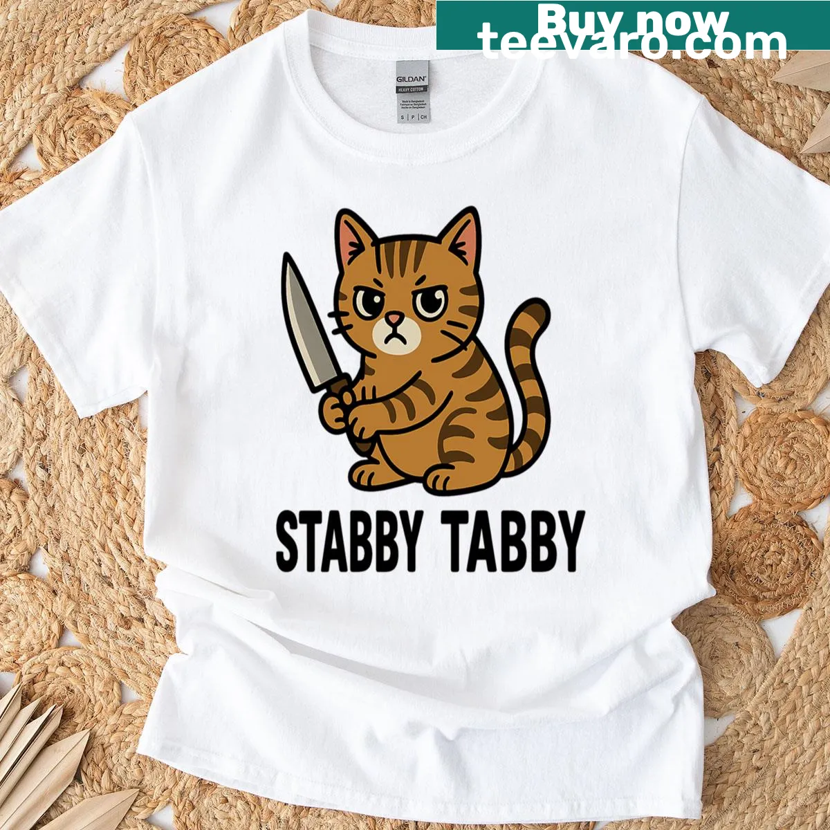 Funny t-shirt with a tabby cat and bunny illustration in black outline — on a men's t-shirt