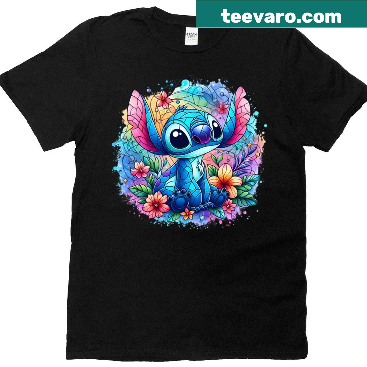 T-shirt showcasing a colorful stained glass stitch rainbow design — on a men's t-shirt
