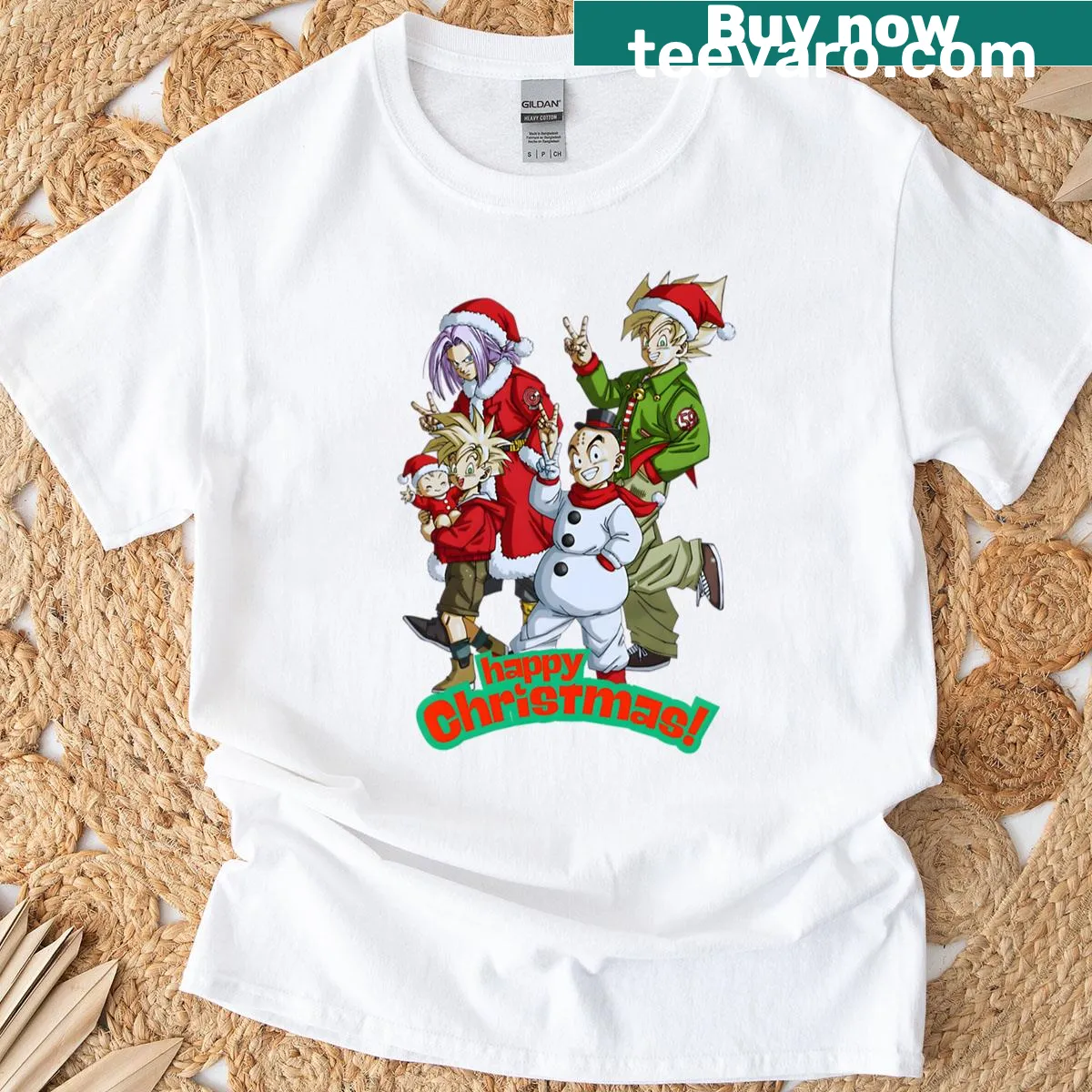 Anime-themed Christmas T-shirt featuring Super Saiyan artwork — on a men's t-shirt