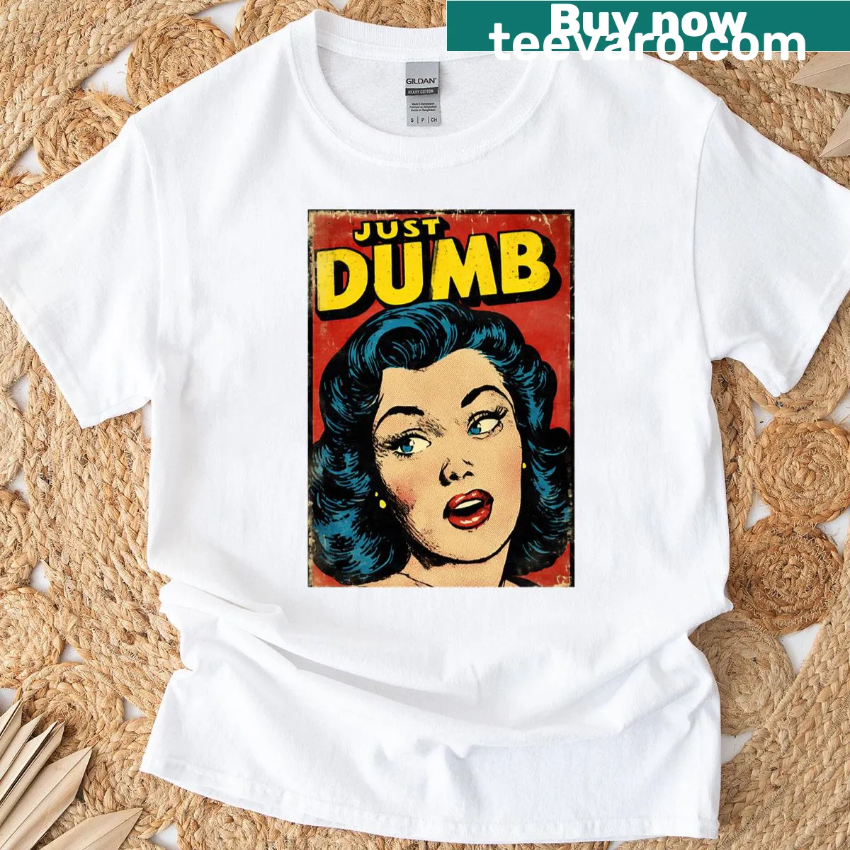Retro pop art T-shirt featuring a surprised woman graphic — on a men's t-shirt