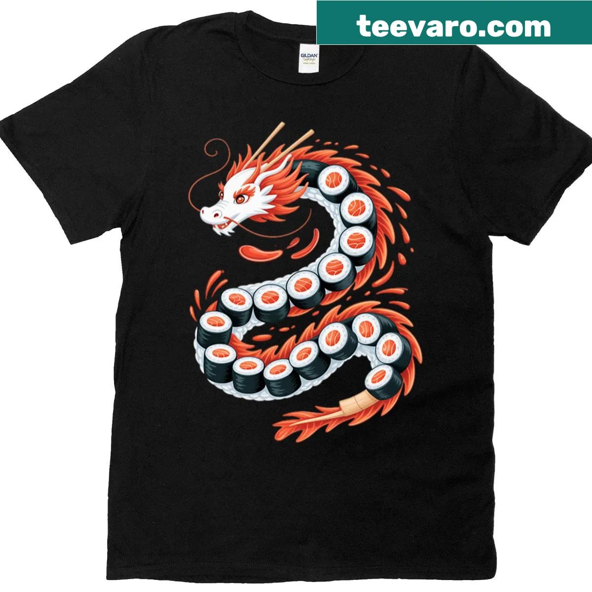 Kawaii T-shirt featuring a cute dragon enjoying sushi rolls — on a men's t-shirt