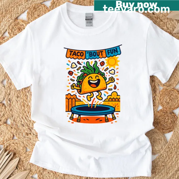 T-shirt featuring a cartoon taco character celebrating a fiesta