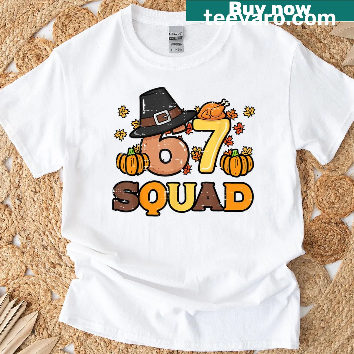 Thanksgiving shirt with funny text '67 Squad 6 7' for matching family looks — on a men's t-shirt