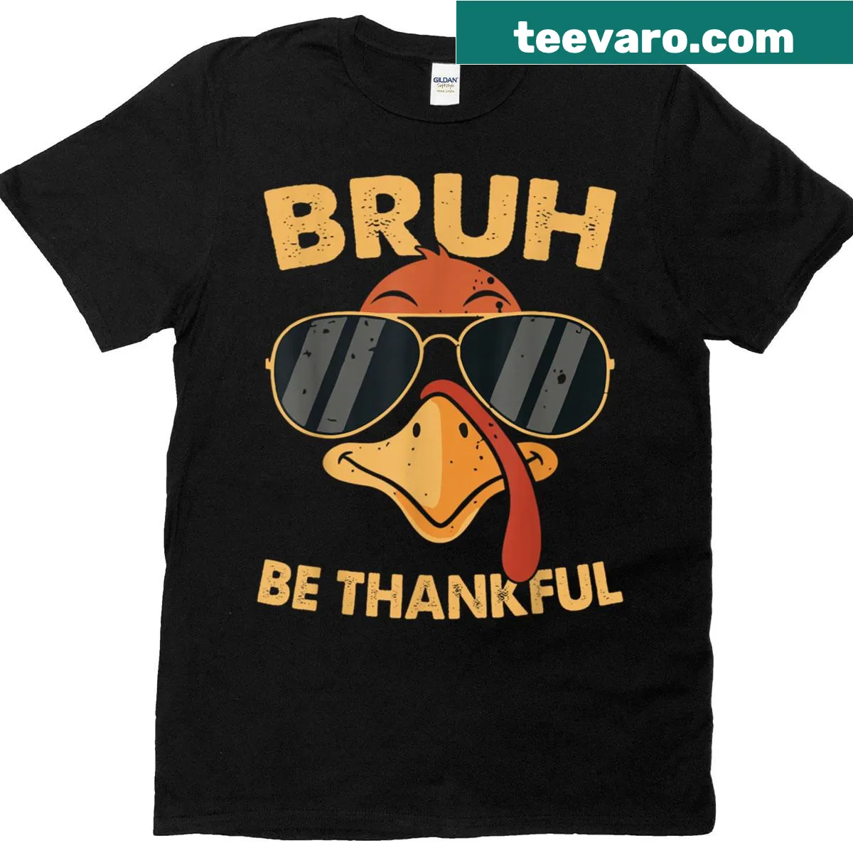 Funny Thanksgiving T-shirt with turkey design and text 'Bruh Be Thankful' — on a men's t-shirt