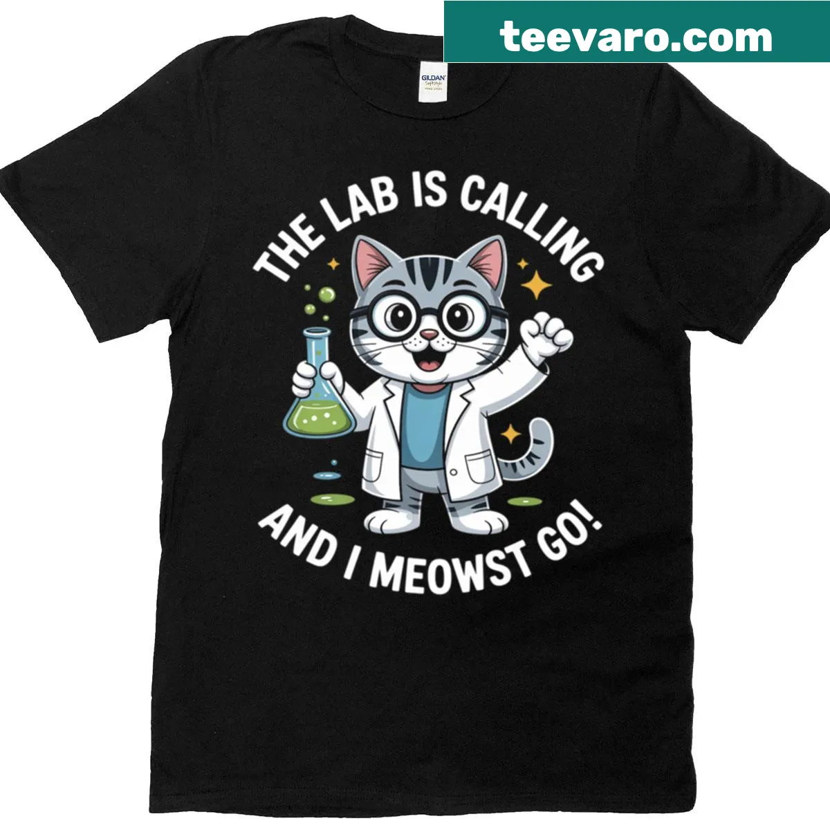 Funny cat scientist T-shirt with a clever play on words. — on a men's t-shirt