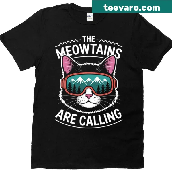 Whimsical cat hiking skiing adventure t-shirt with mountains