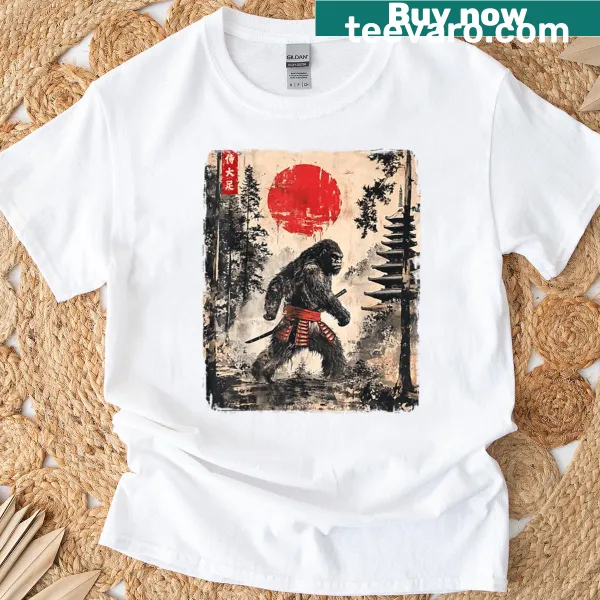 Illustration of Bigfoot dressed as a samurai on t-shirt