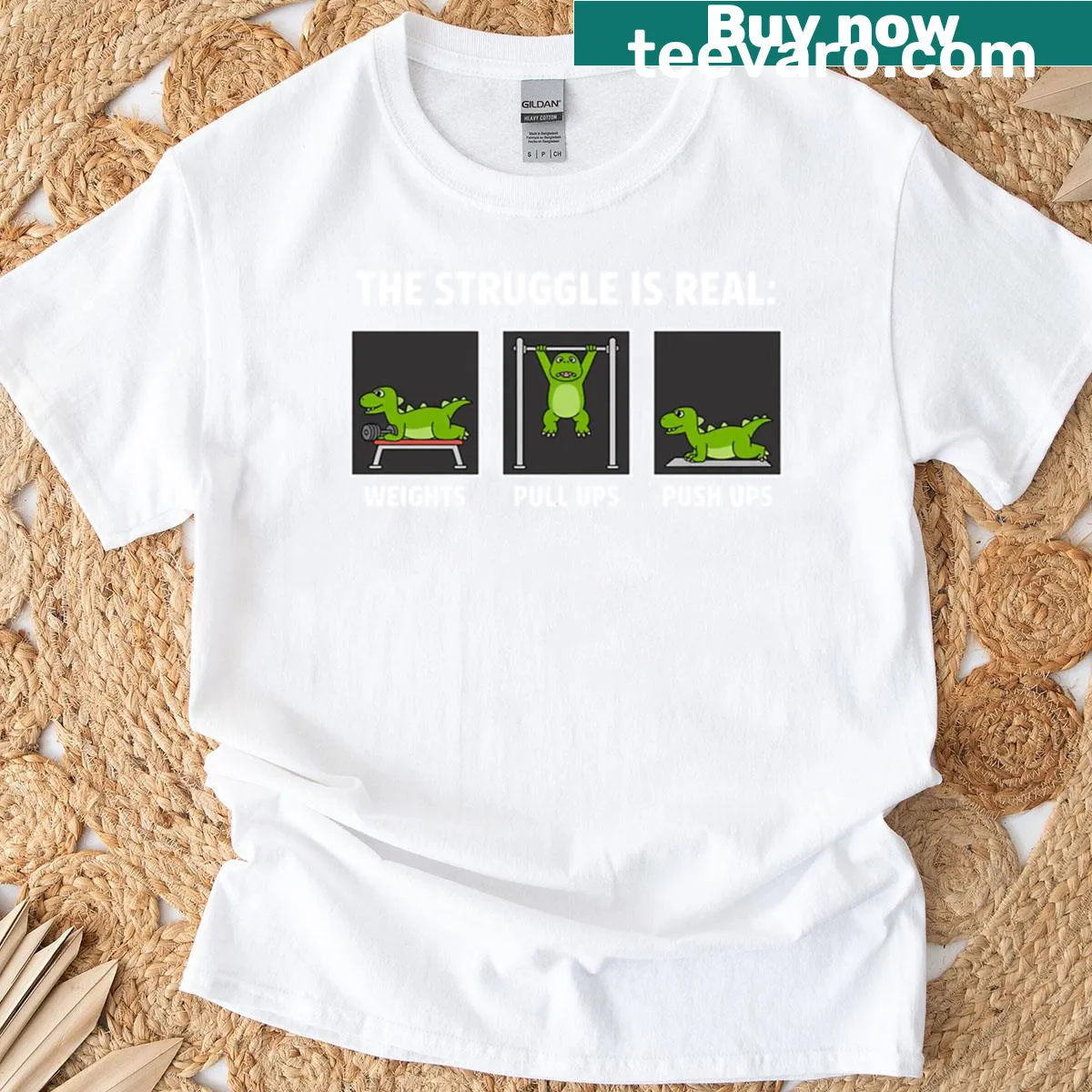 Fitness T-shirt featuring a T-rex and 'The Struggle Is Real' — on a men's t-shirt