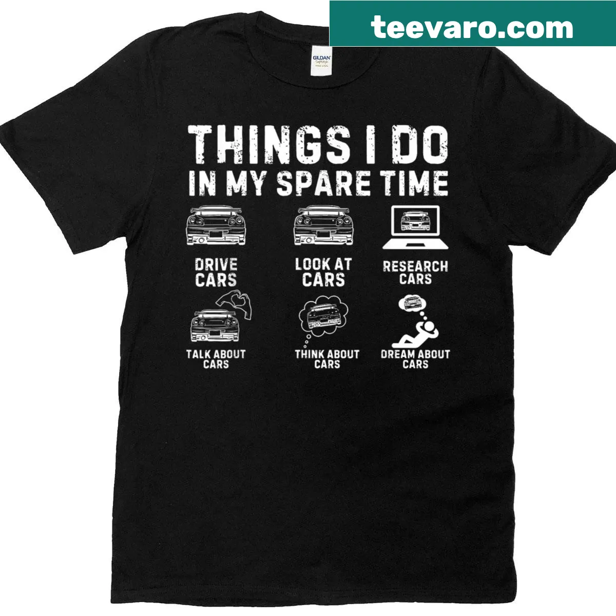 Car enthusiast T-shirt with 'Things I Do In My Spare Time' text — on a men's t-shirt
