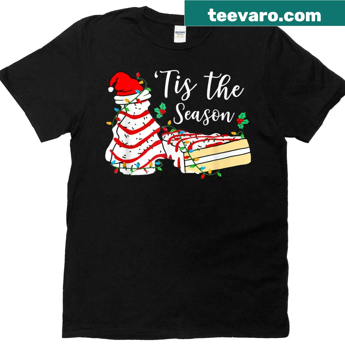 Funny T-shirt with cartoon Christmas tree and snack cake design — on a men's t-shirt