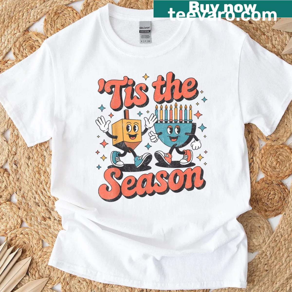 Hanukkah themed t-shirt featuring menorah and dreidel — on a men's t-shirt