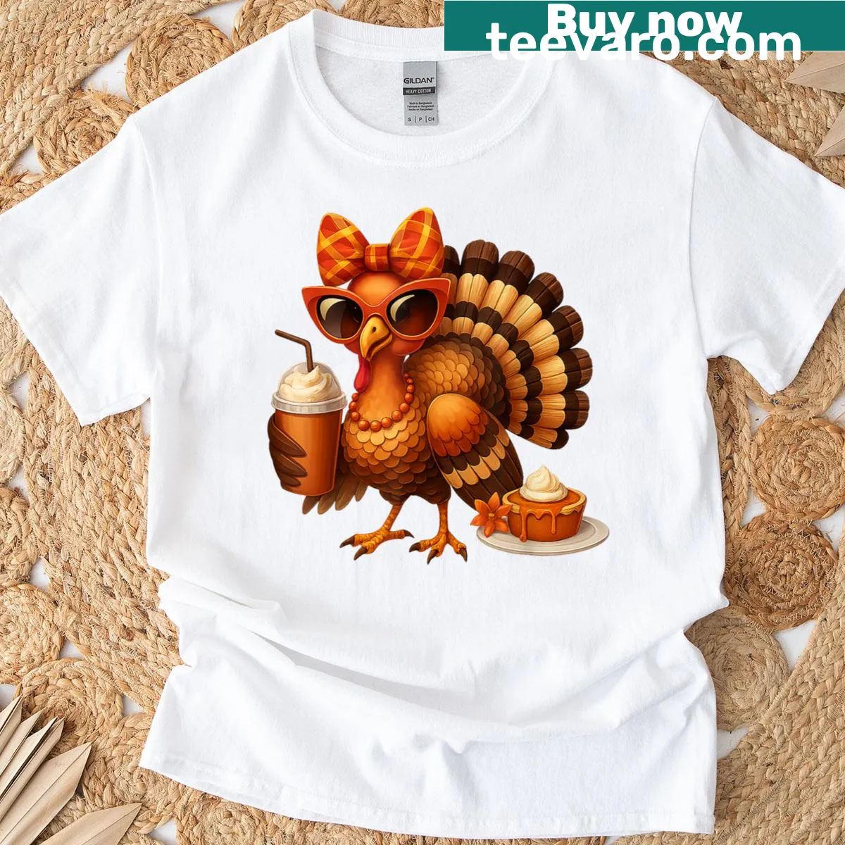Thanksgiving t-shirt featuring a cartoon turkey drinking coffee with a bow — on a men's t-shirt