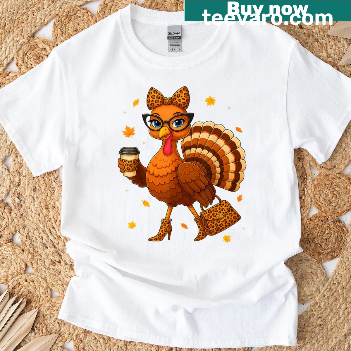Thanksgiving t-shirt featuring a leopard-print turkey drinking coffee — on a men's t-shirt