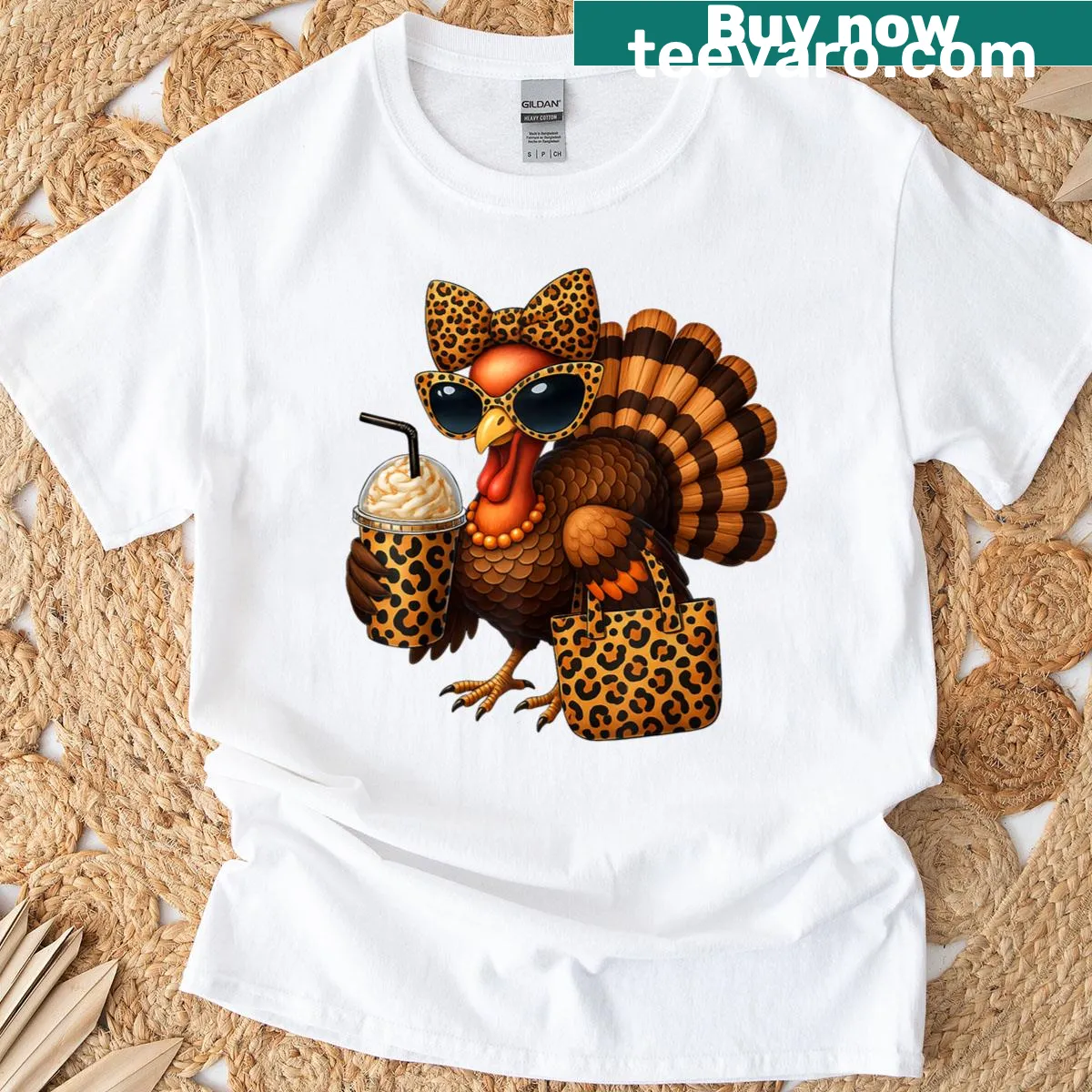 Cute turkey with coquette bow and coffee graphic t-shirt for women — on a men's t-shirt