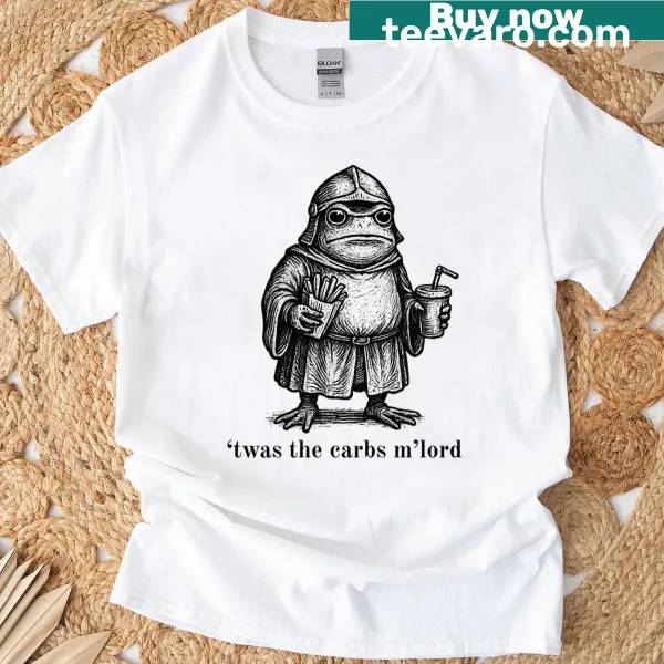 Funny T-shirt featuring a medieval frog knight and carbs theme
