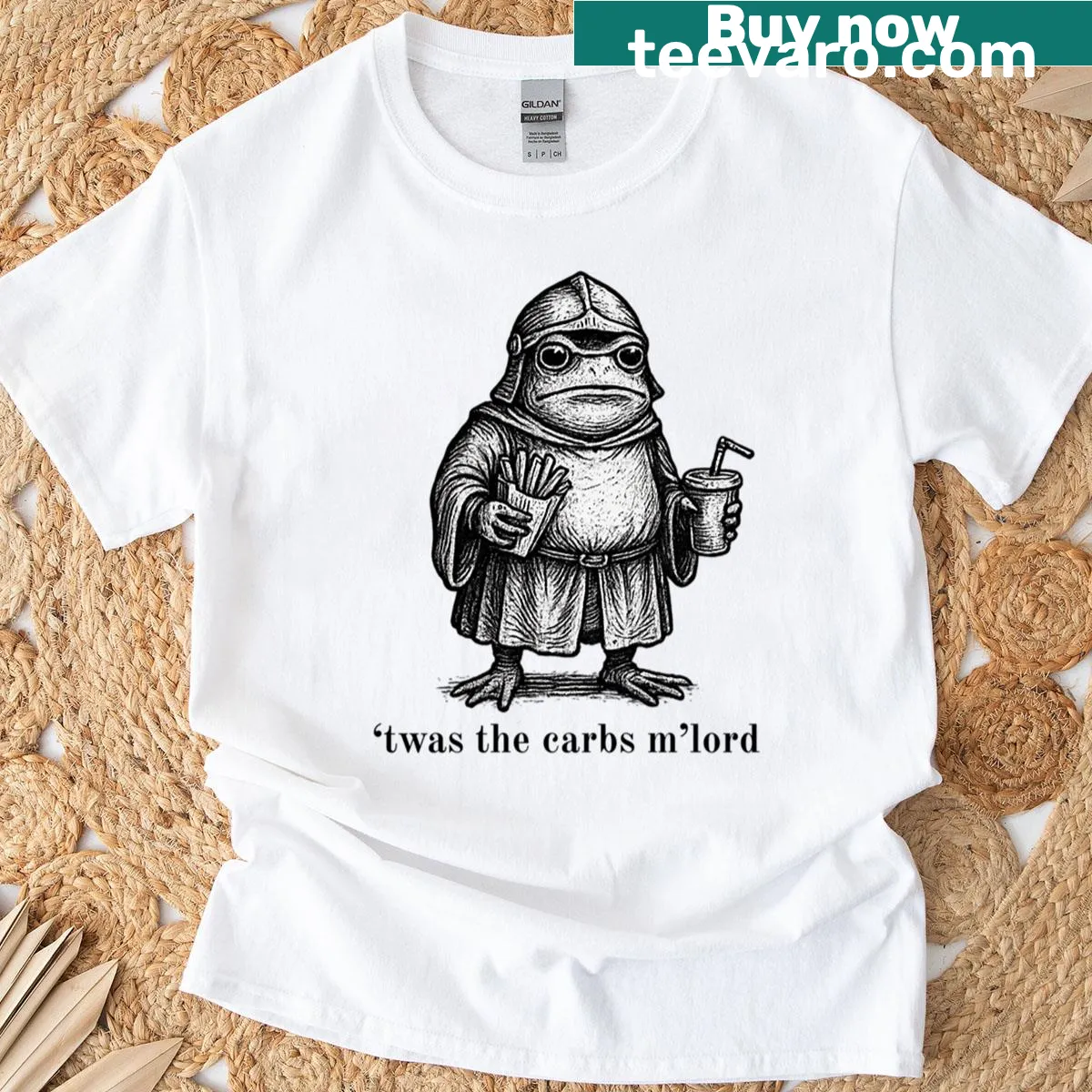 Funny T-shirt featuring a medieval frog knight and carbs theme — on a men's t-shirt
