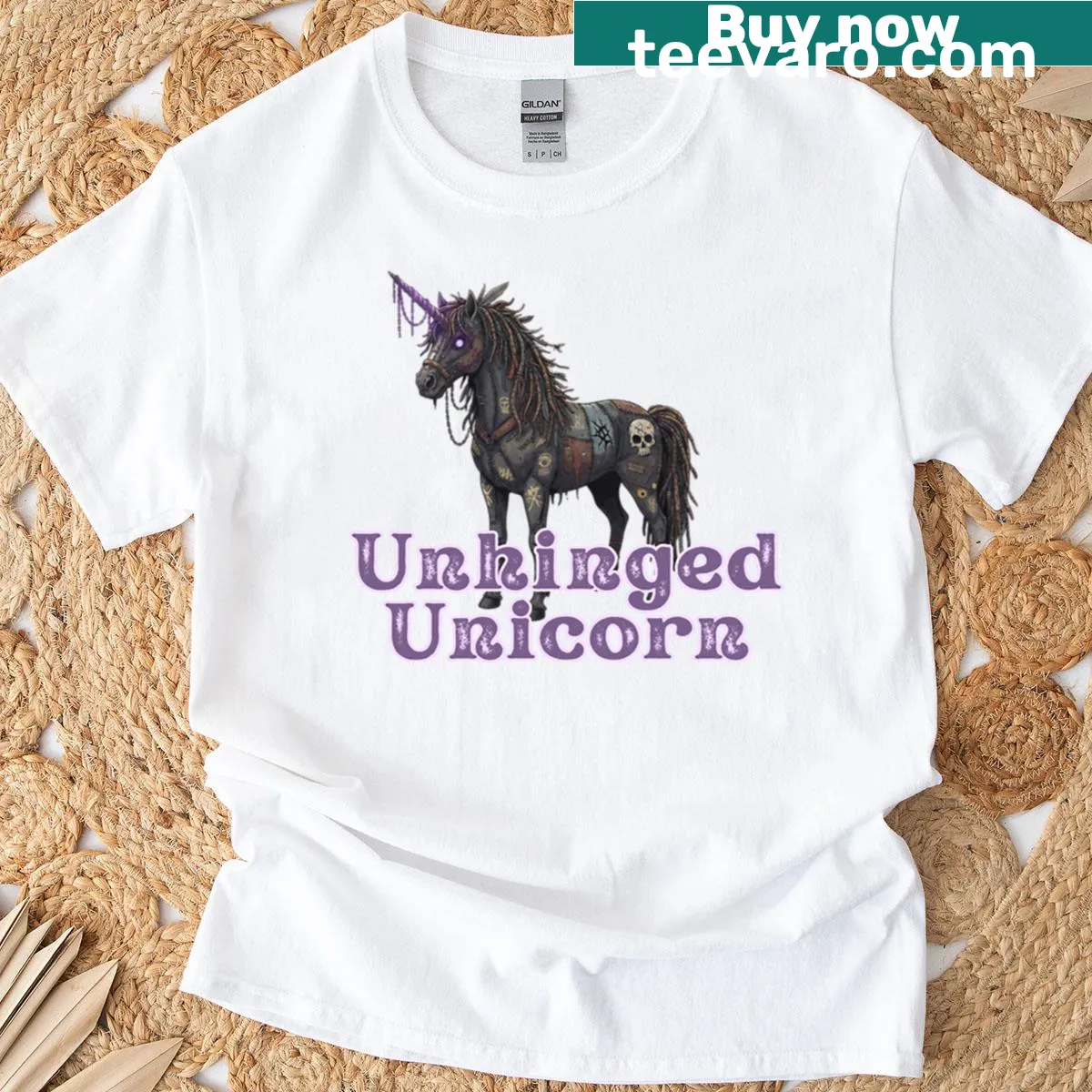 Playful unhinged unicorn cartoon design on T-shirt — on a men's t-shirt
