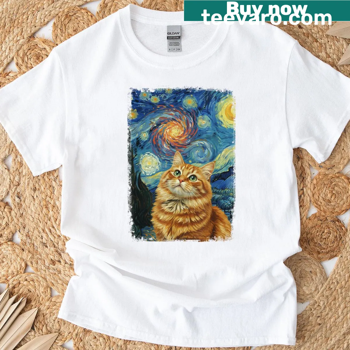 Van Gogh-inspired Starry Night cat graphic t-shirt — on a men's t-shirt