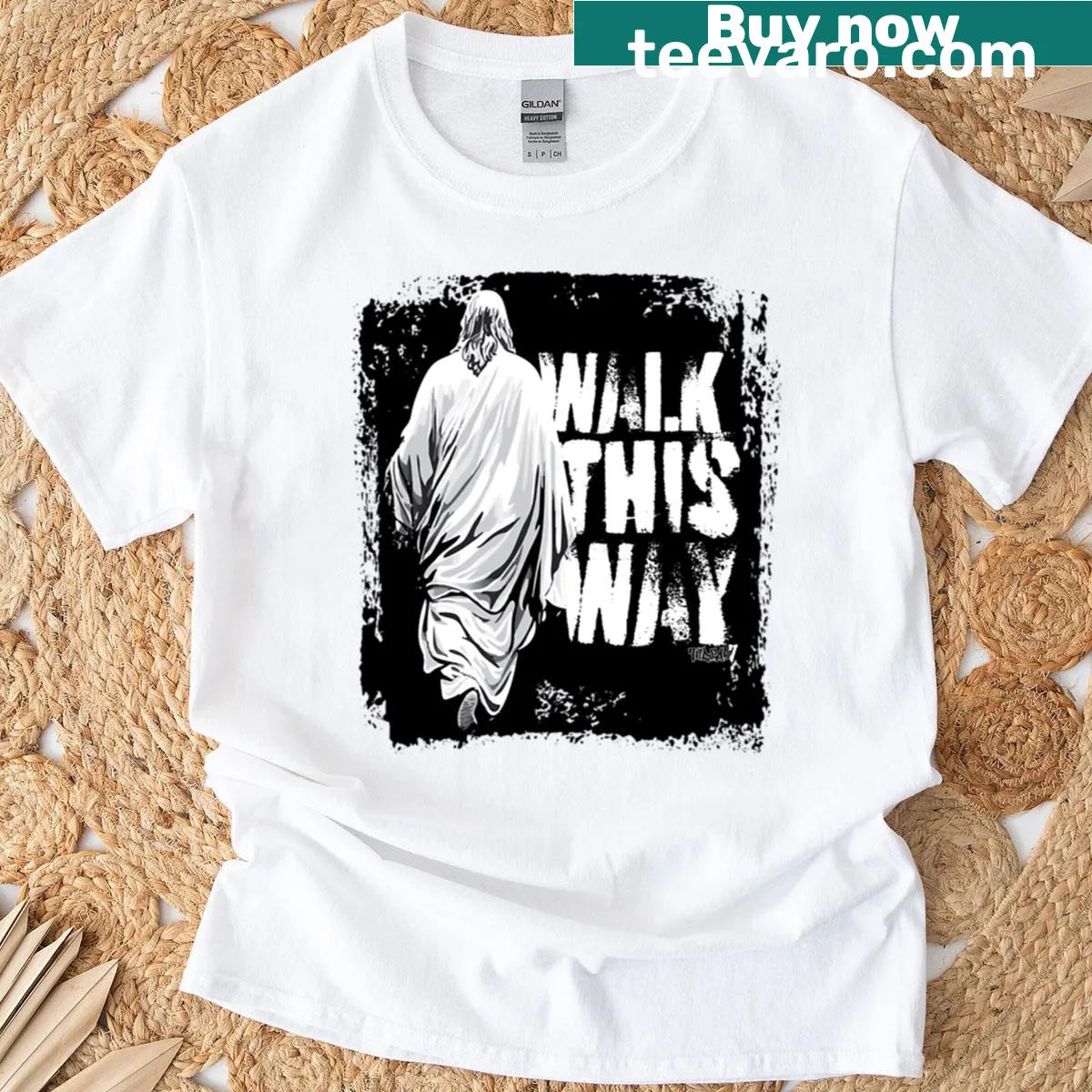 Playful Walk This Way T-shirt with clever text — on a men's t-shirt