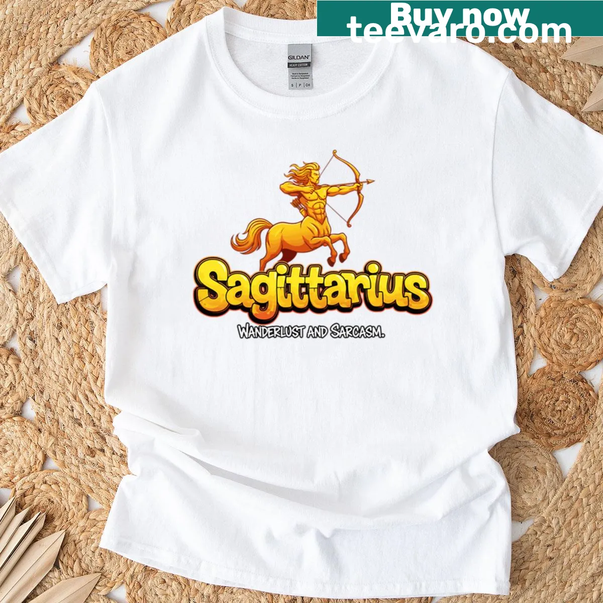 Witty Sagittarius t-shirt with wanderlust theme — on a men's t-shirt