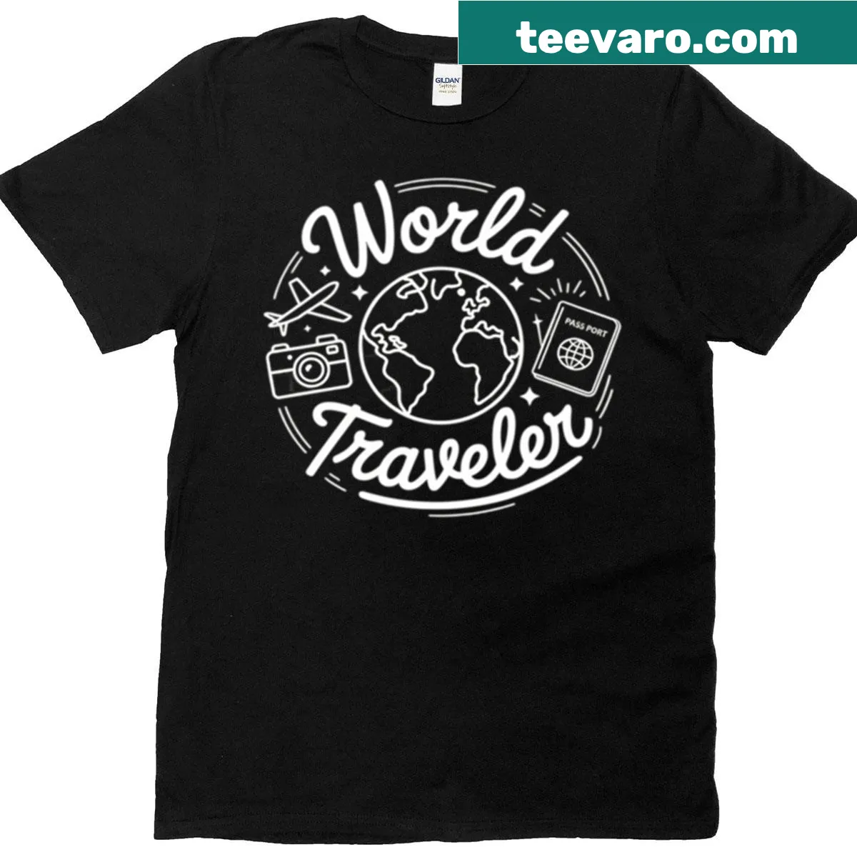 T-shirt featuring the phrase 'World Traveler' — on a men's t-shirt
