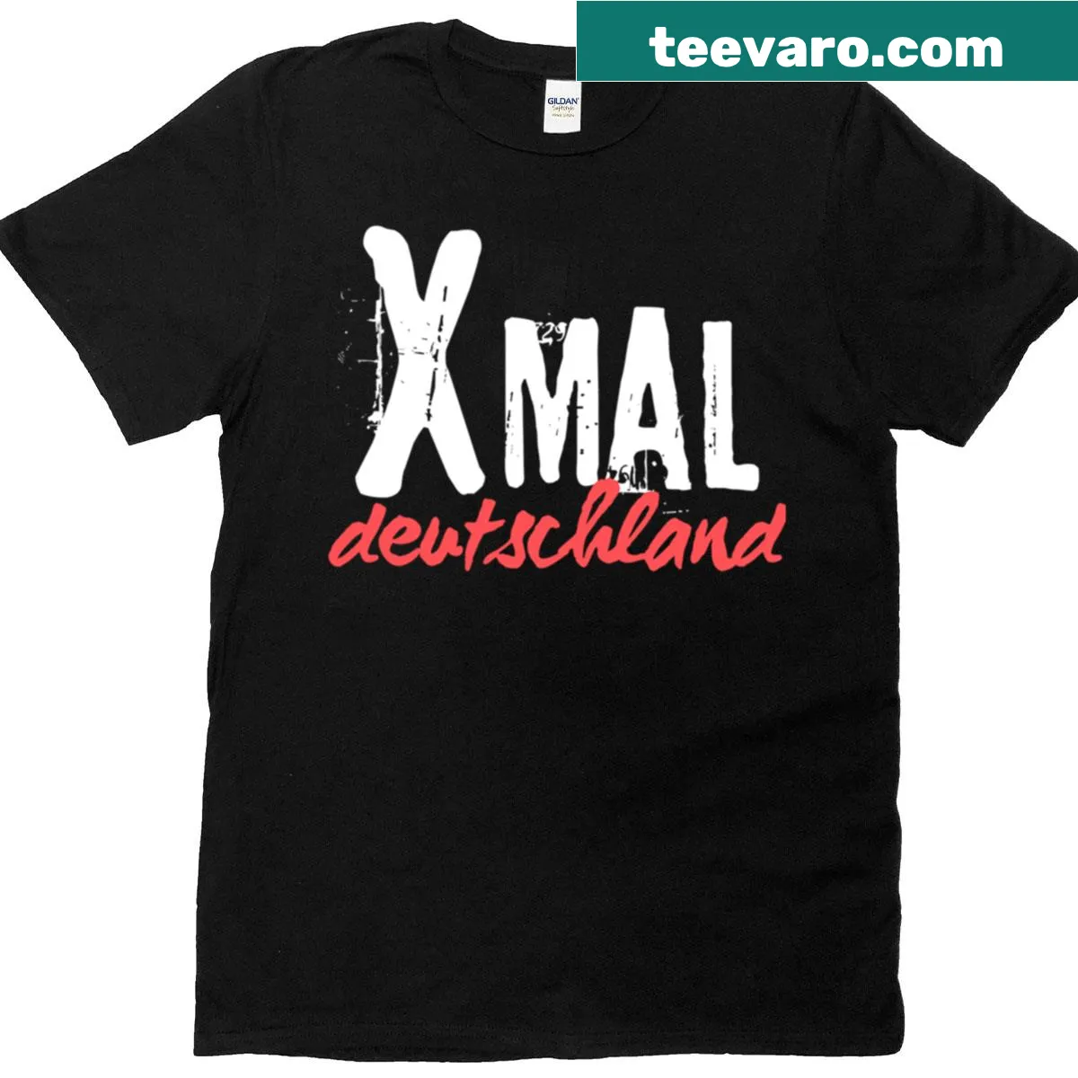 T-shirt featuring Xmal Deutschland tribute in bold typography — on a men's t-shirt