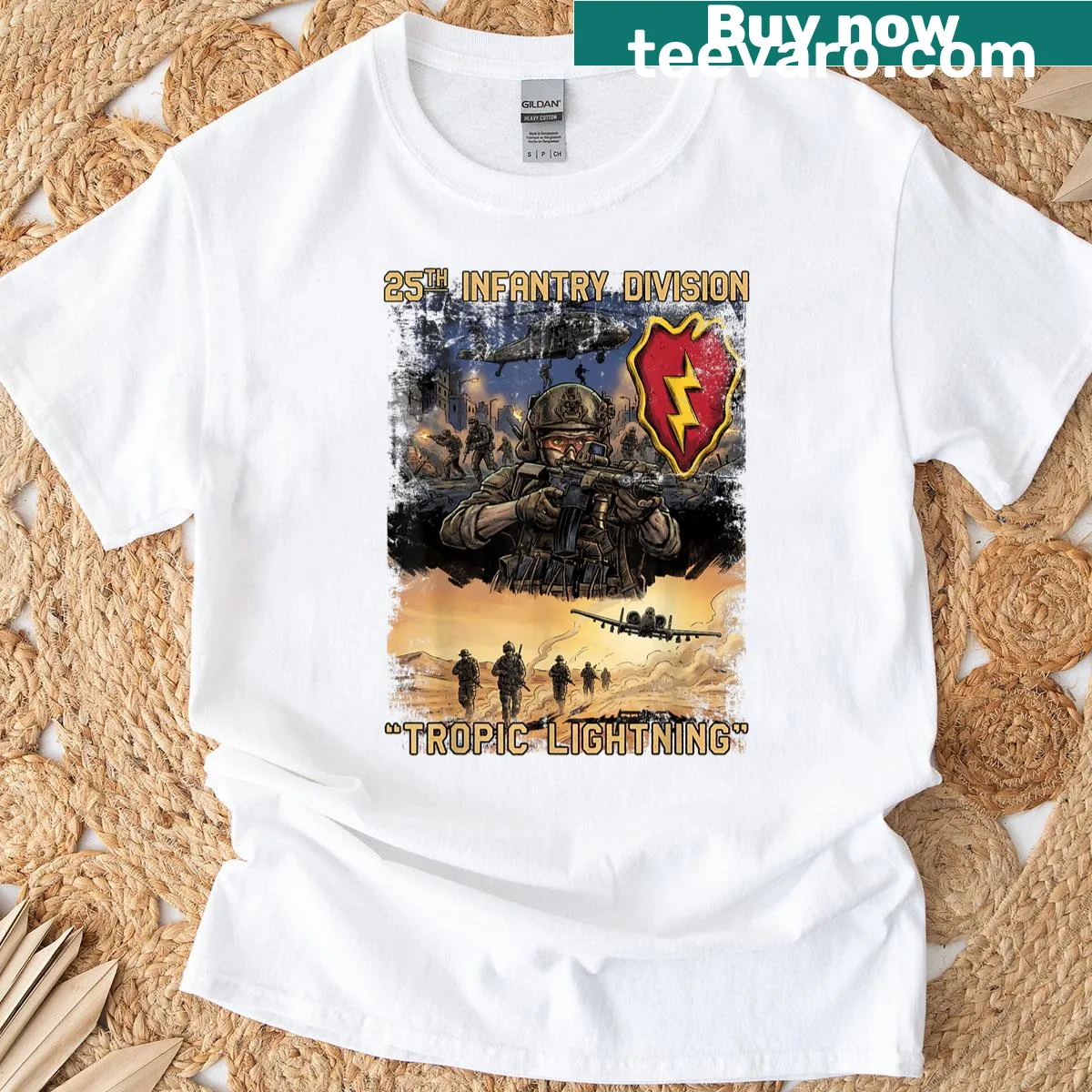 25th Infantry Division Tropic Lightning emblem on T-shirt — on a men's t-shirt