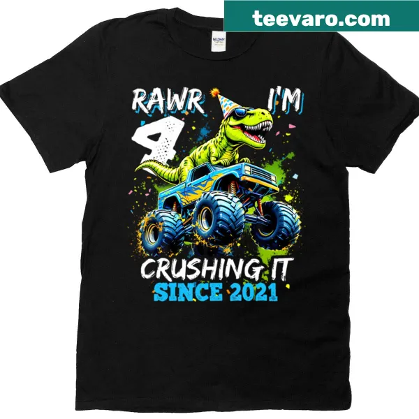 T-shirt featuring monster truck and dinosaur for 4th birthday