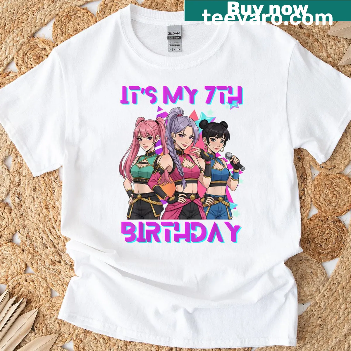 K-pop themed birthday t-shirt for 7-year-old girls — on a men's t-shirt