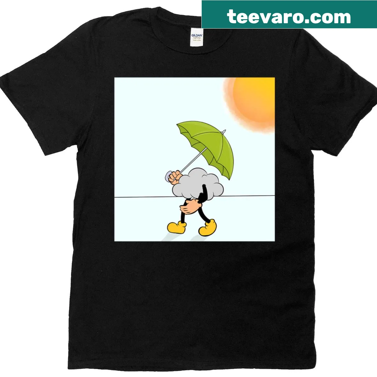 Illustrated t-shirt featuring a cloud drifting from the sun — on a men's t-shirt