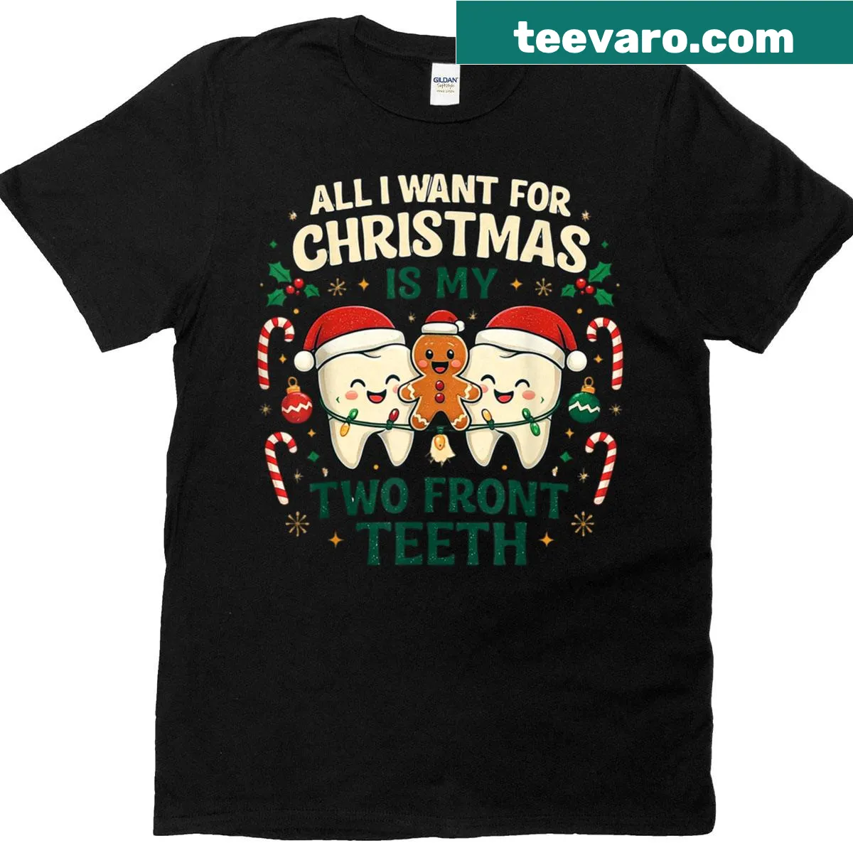 Funny Christmas t-shirt with a tooth-themed design for kids — on a men's t-shirt