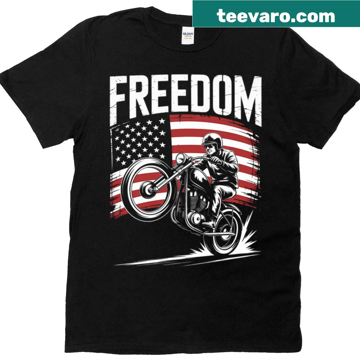 Motocross-themed t-shirt featuring an American flag design and dirt bike imagery — on a men's t-shirt