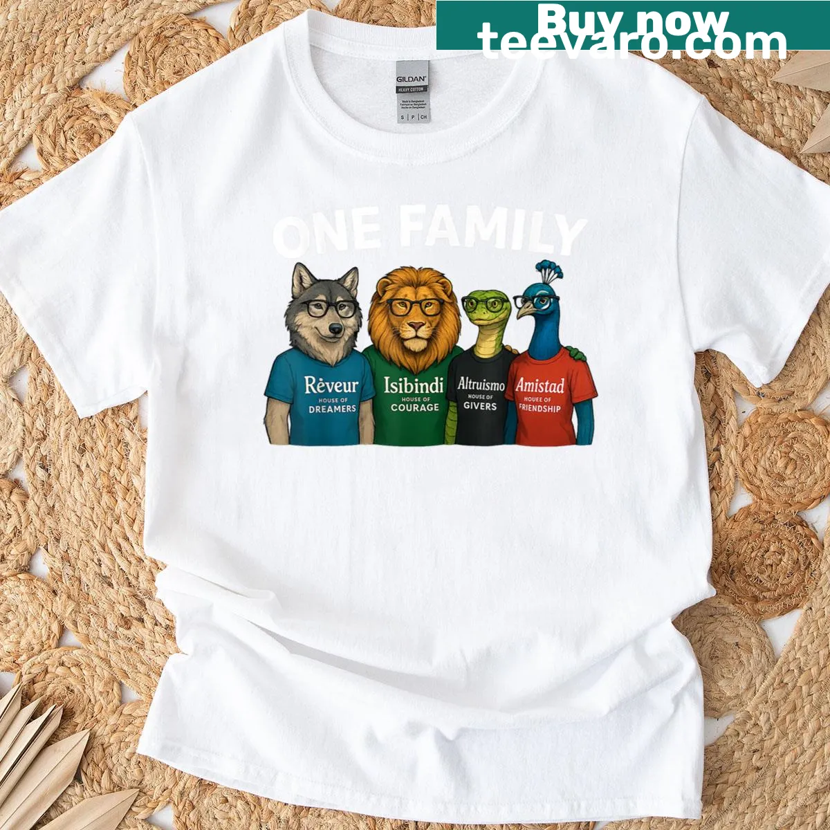 Illustration of four houses representing family unity — on a men's t-shirt