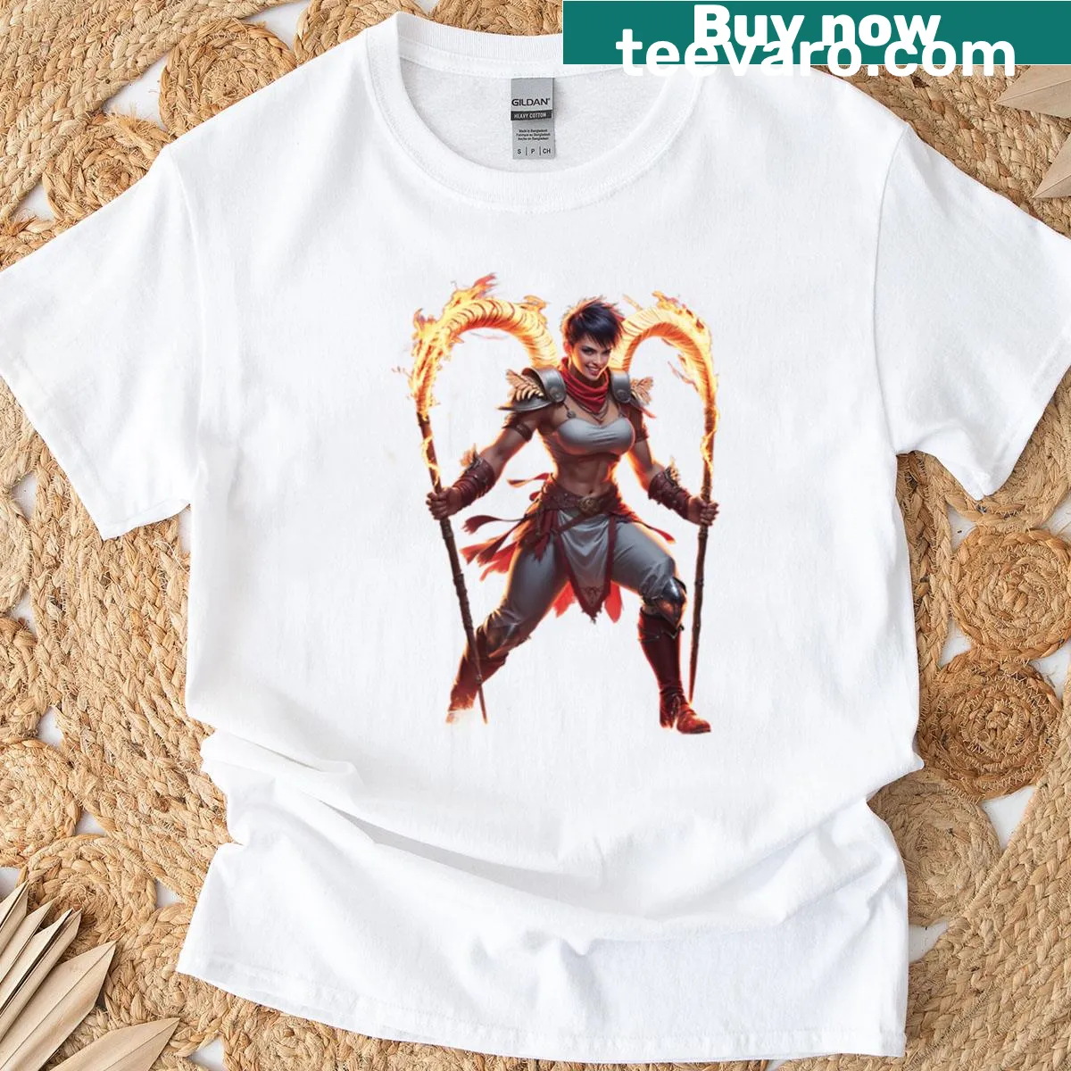 Illustrated Aries zodiac fighter t-shirt with flame design — on a men's t-shirt