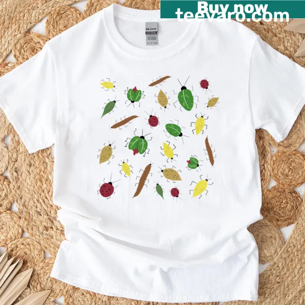 Illustrated autumn bugs design on a T-shirt celebrating fall.