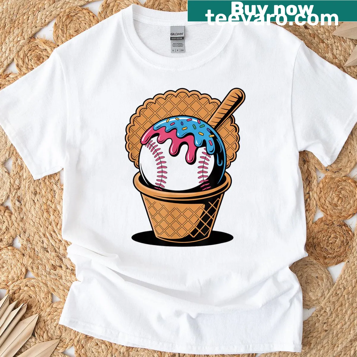Illustration of an ice cream cone with sprinkles and a bat scoop — on a men's t-shirt