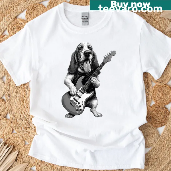 Funny Basset Hound t-shirt featuring a cartoon dog playing guitar.