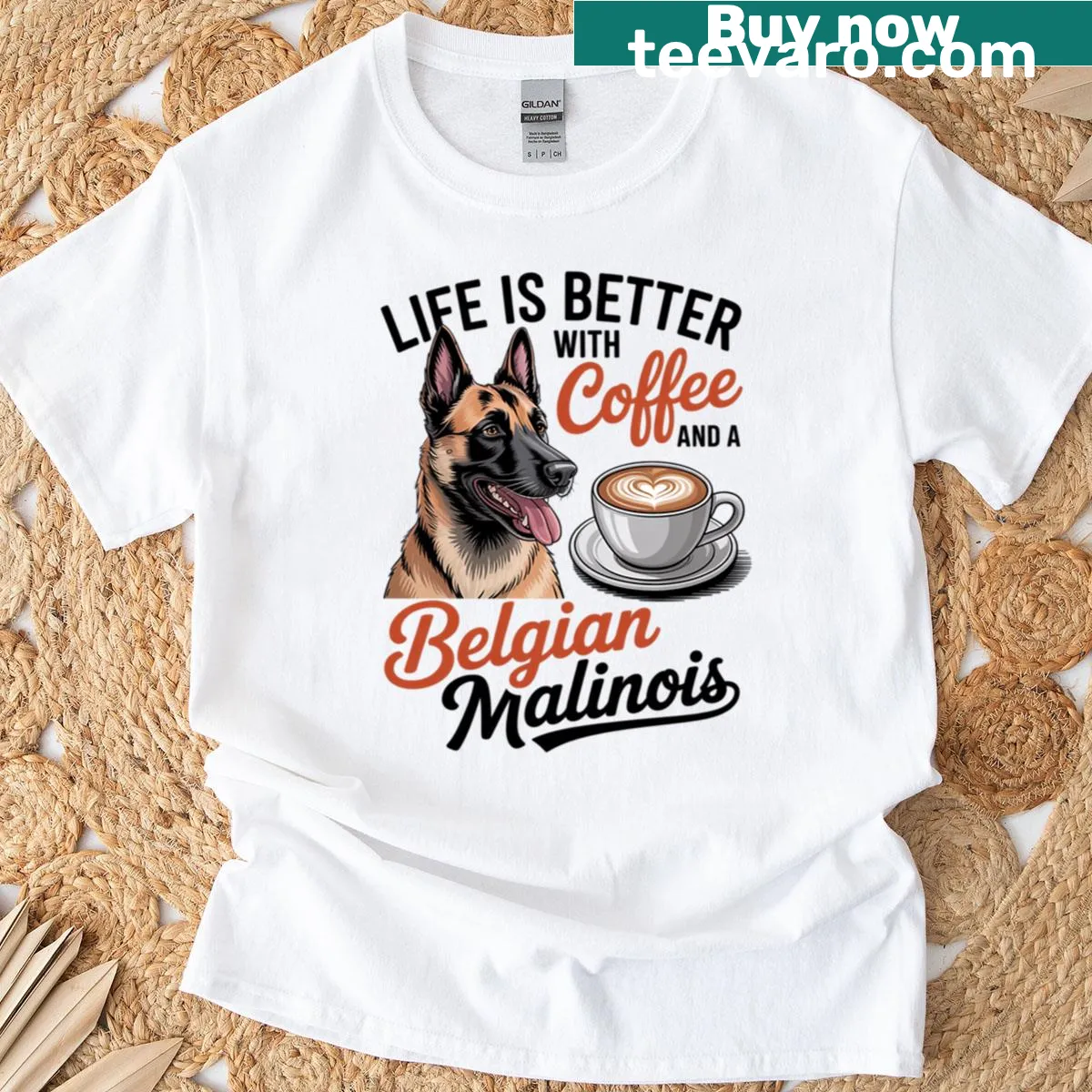 Illustration of a Belgian Malinois and coffee in a wholesome design — on a men's t-shirt