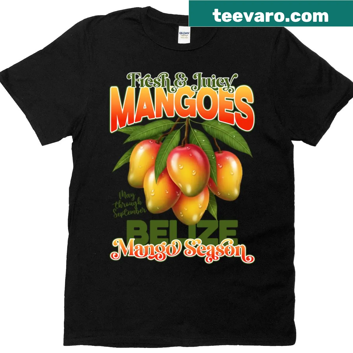 T-shirt featuring playful mango design celebrating mango season — on a men's t-shirt