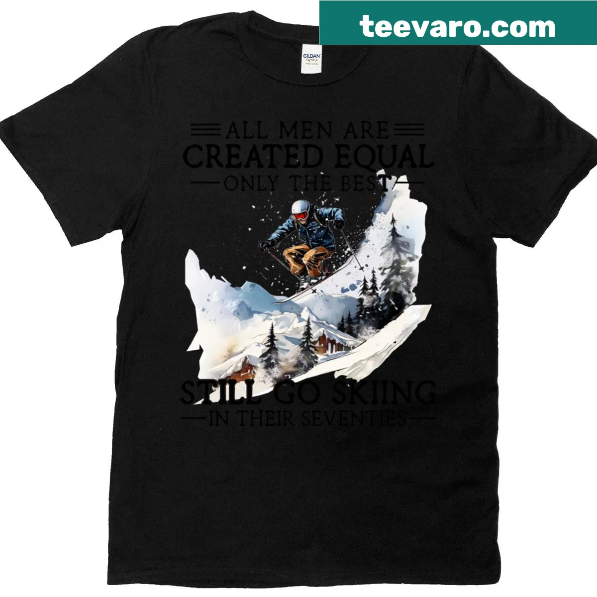 Proud skiing t-shirt celebrating men in their seventies — on a men's t-shirt
