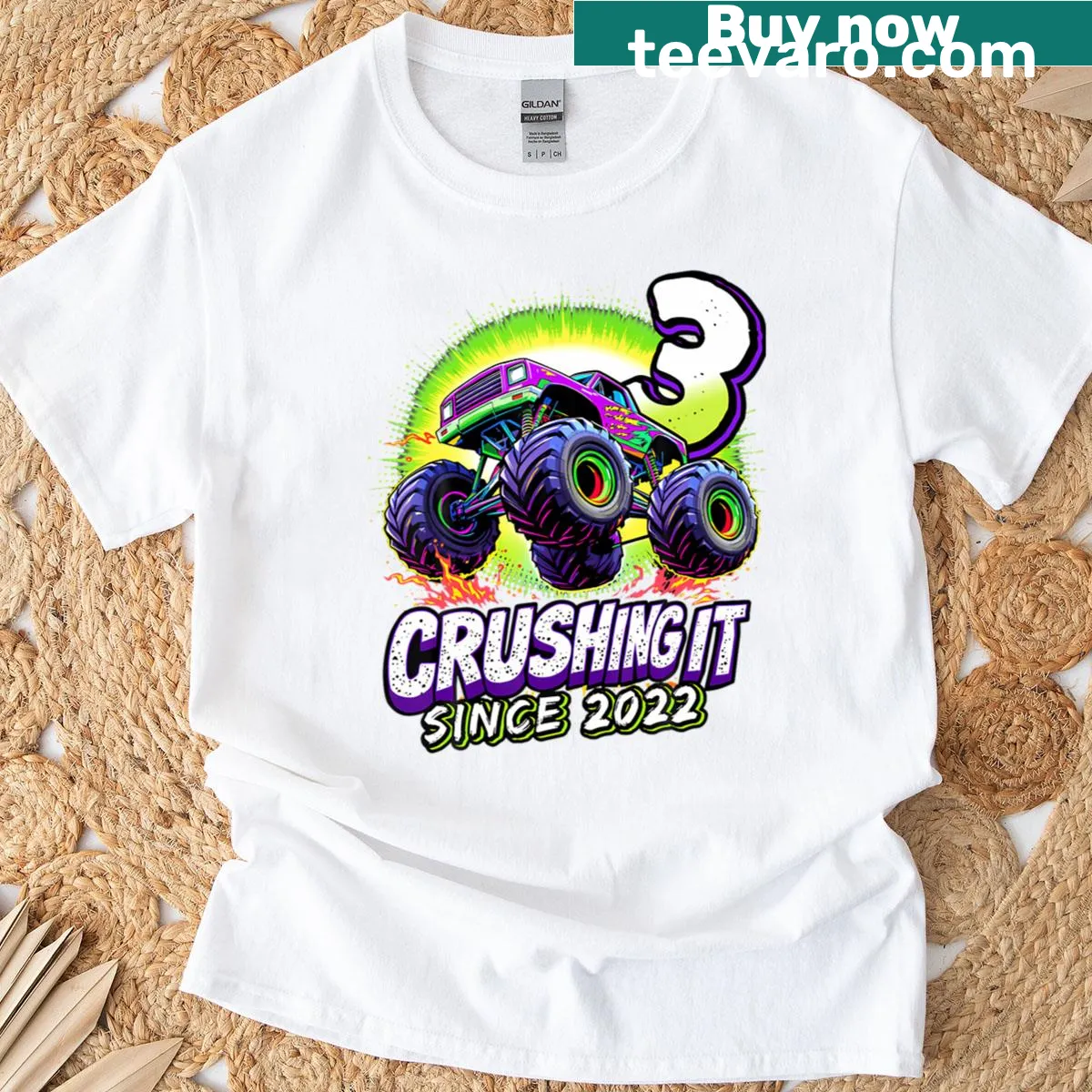Birthday T-shirt featuring a fun monster truck design for kids — on a men's t-shirt