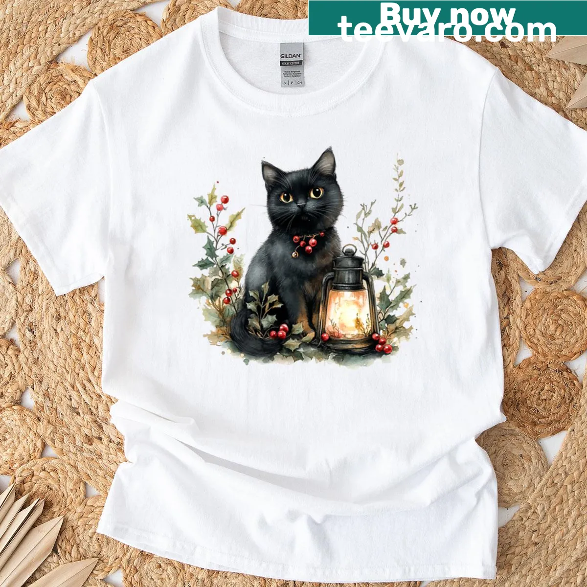 Black cat with festive lanterns and holly for Christmas t-shirt — on a men's t-shirt