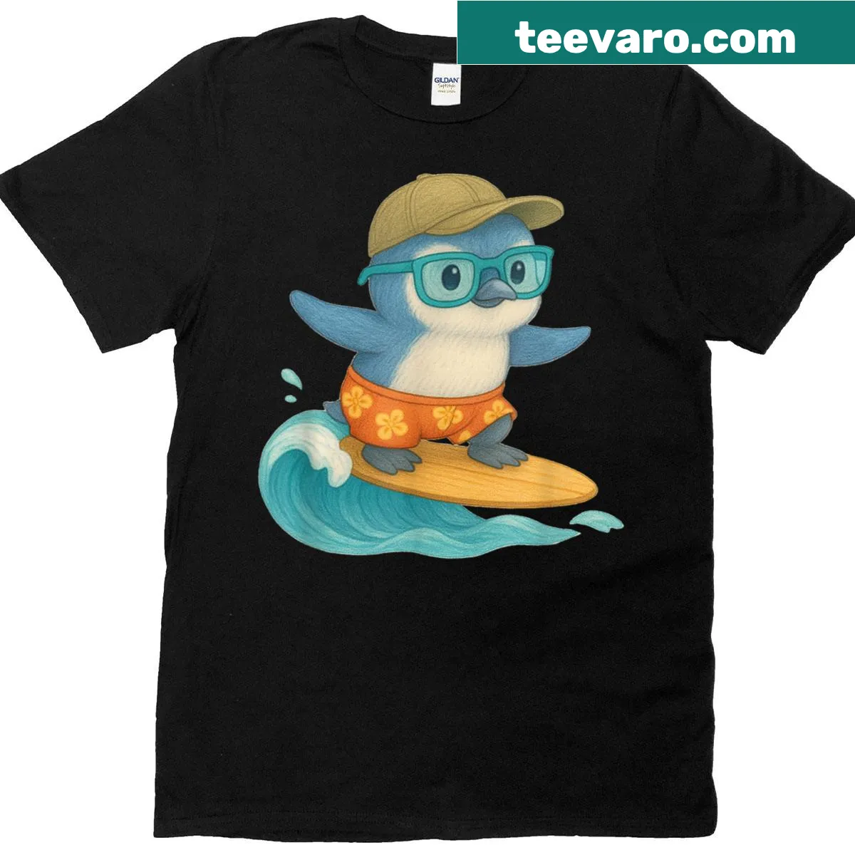 Cute summer T-shirt featuring a blue penguin surfer riding a wave — on a men's t-shirt