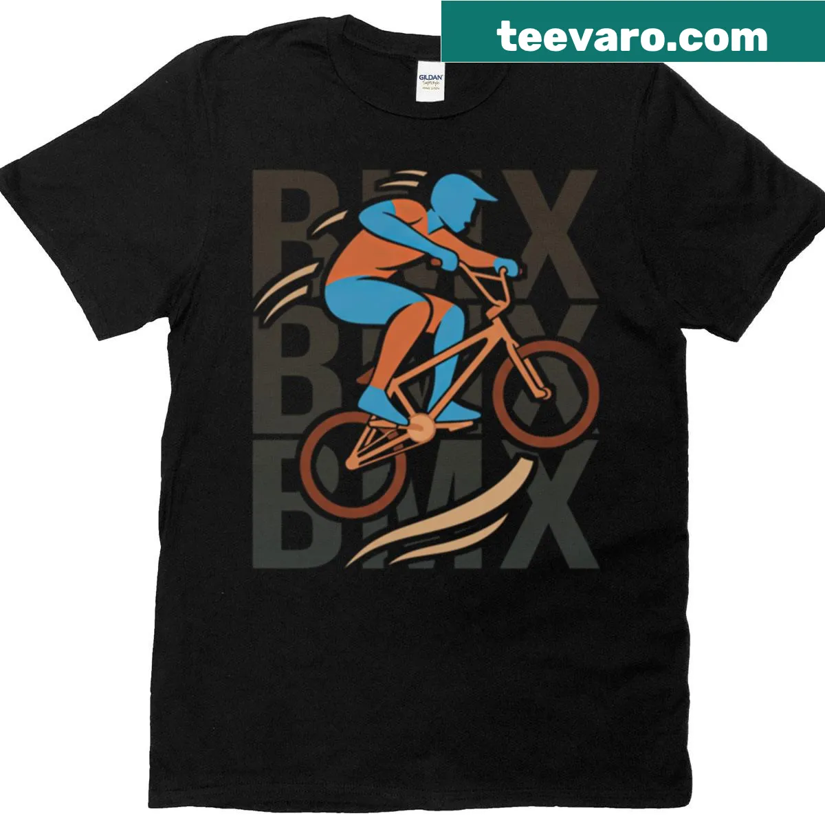 BMX T-shirt showcasing an airborne trick with dynamic typography — on a men's t-shirt