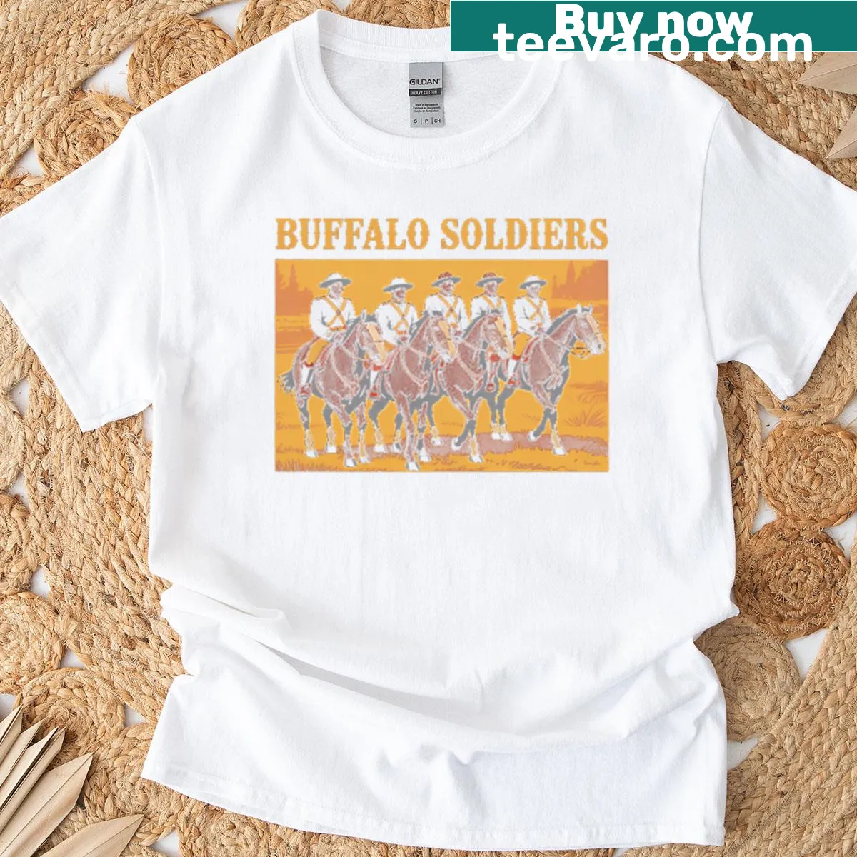 Illustration of Buffalo Soldiers on horseback in a historical design — on a men's t-shirt