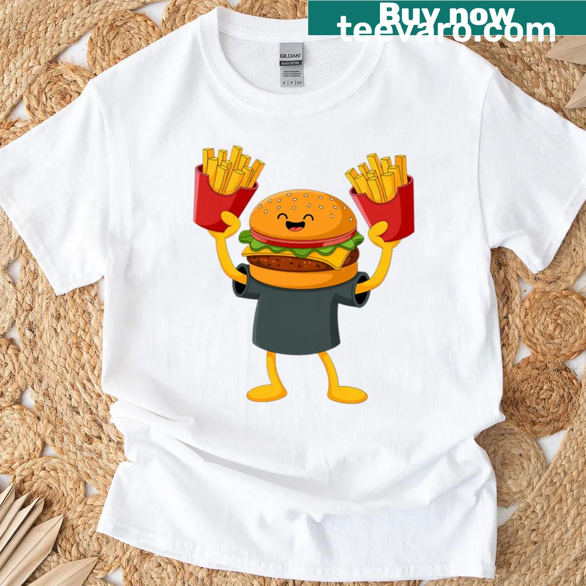 Funny food and fitness cartoon graphic on t-shirt — on a men's t-shirt