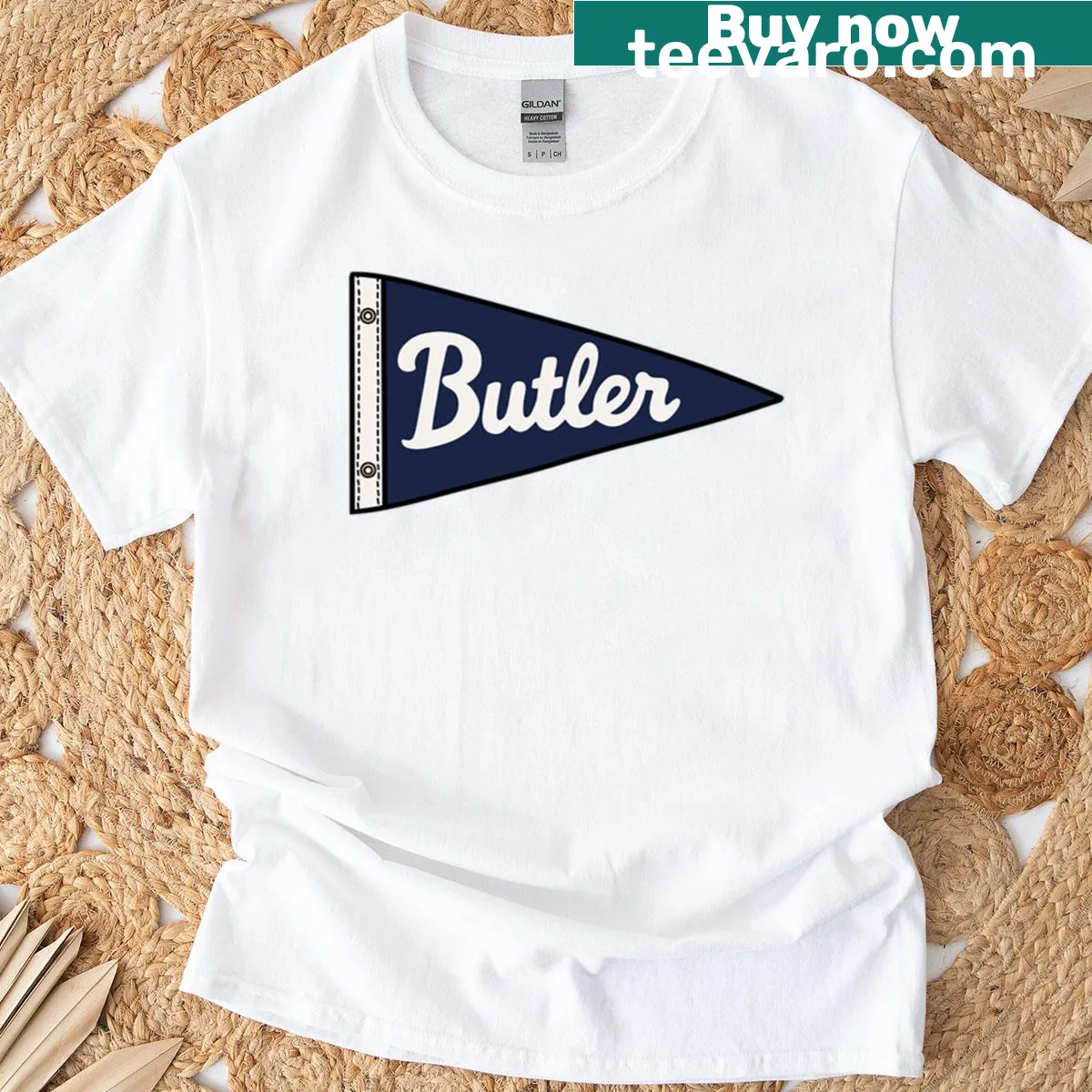 Butler University T-shirt with a classic pennant design — on a men's t-shirt