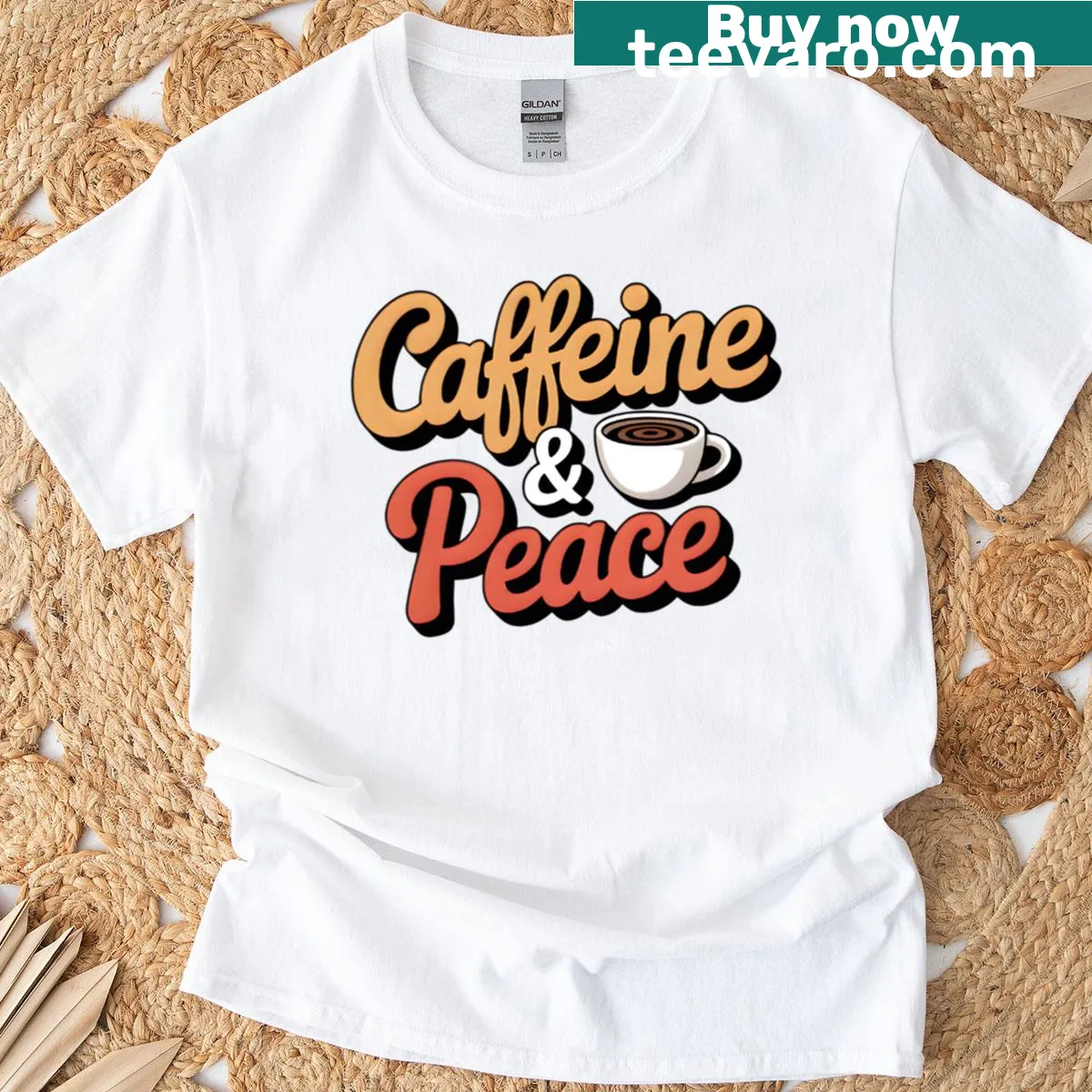 Hand-lettered design T-shirt featuring caffeine and peace theme — on a men's t-shirt